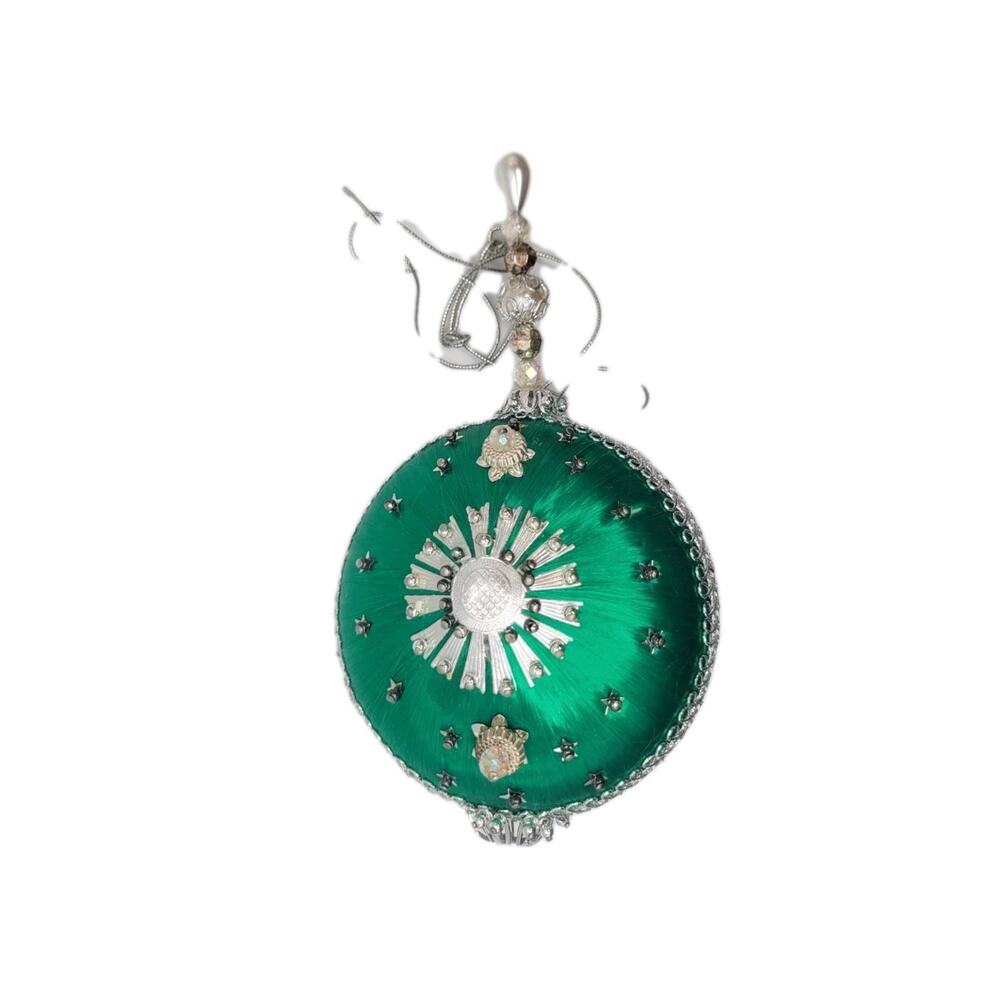 Beaded Sequin PushPin Christmas Ornament Green Silver Medallion 70s Angel